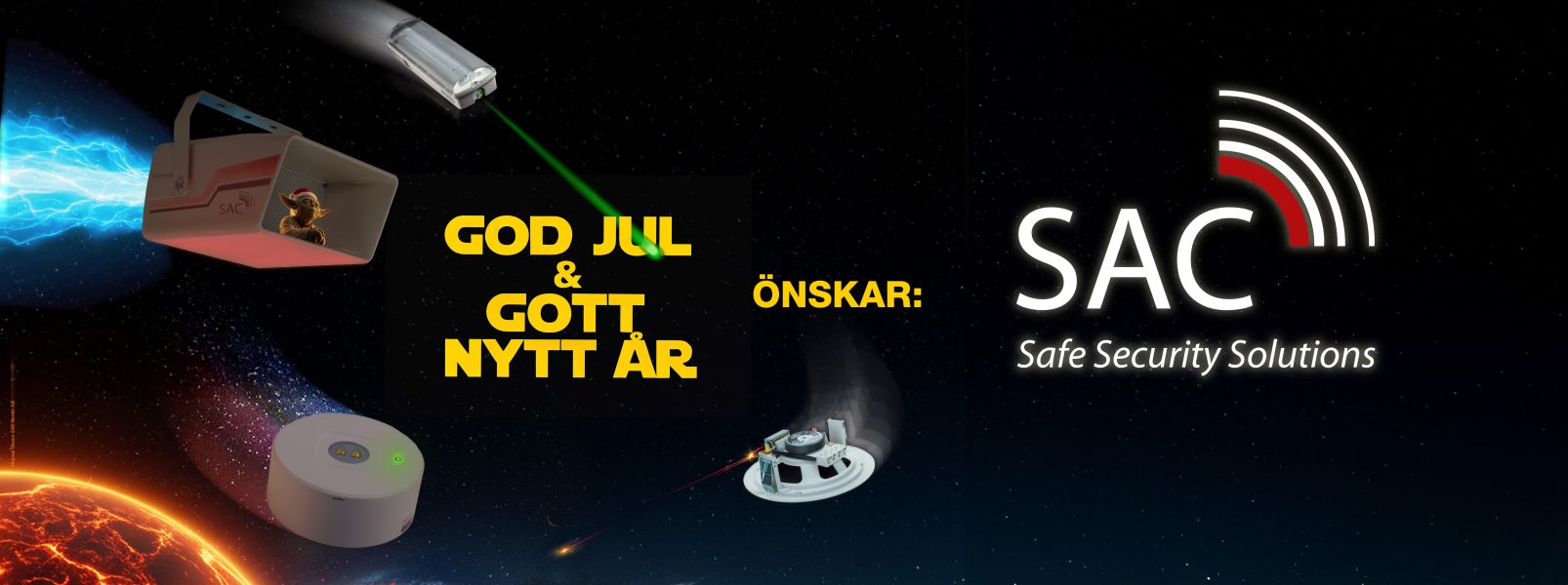 SAC Nordic önskar god jul och gott nytt år med en bild på några produkter ute i rymden. ASS15, SAC-Li-STAR, C604, SAC-Li-VEGA